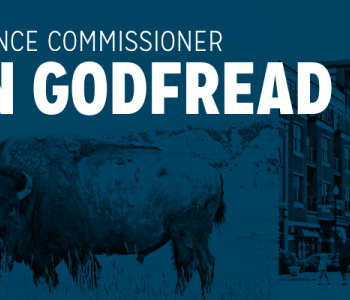 A photo of Commissioner Jon Godfread in front of text that says, "Insurance Commissioner Jon Godfread" with North Dakota icons in the background.