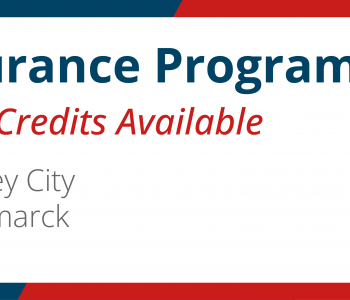 A promotion for the National Flood Insurance Program agent trainings in Bismarck and Valley City with a map of North Dakota and pins on Bismarck and Valley City.