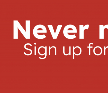 Heart monitor with envolope clipart over red background. "Never miss a beat. Sign up for email updates."