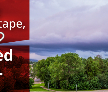 A photo of the North Dakota State Capitol with an ominous sky. On the left, a text box being cut by a pair of scissors says, "We're cutting burdensome red tape, and we need your help."