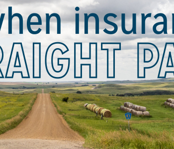 An open field in North Dakota with a gravel road down the middle with the text saying, "Here for when insurance isn't a straight path."